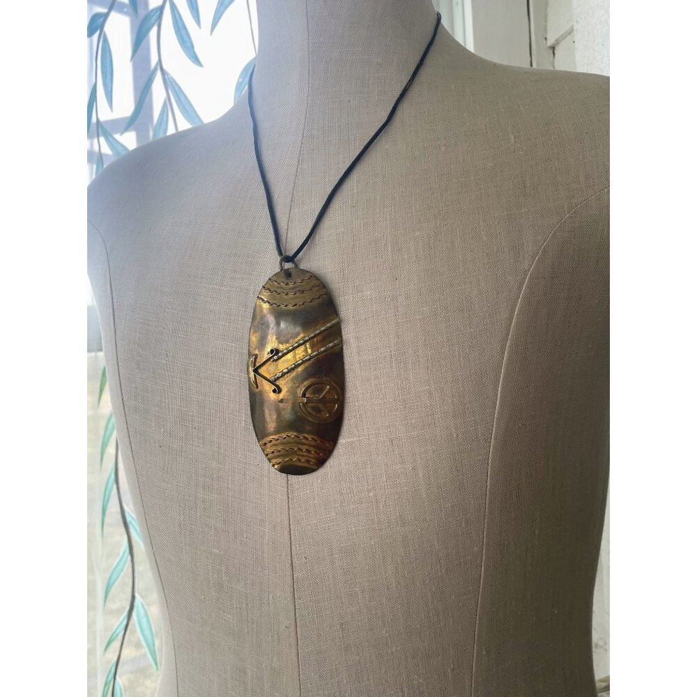 Vintage 60's Hippy Brass Large Pendant Peace Sign Leather chord - Picture 7 of 14